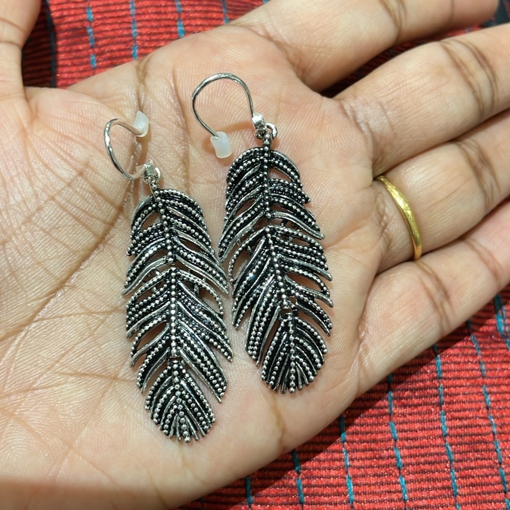 Feather Silver Long Earrings